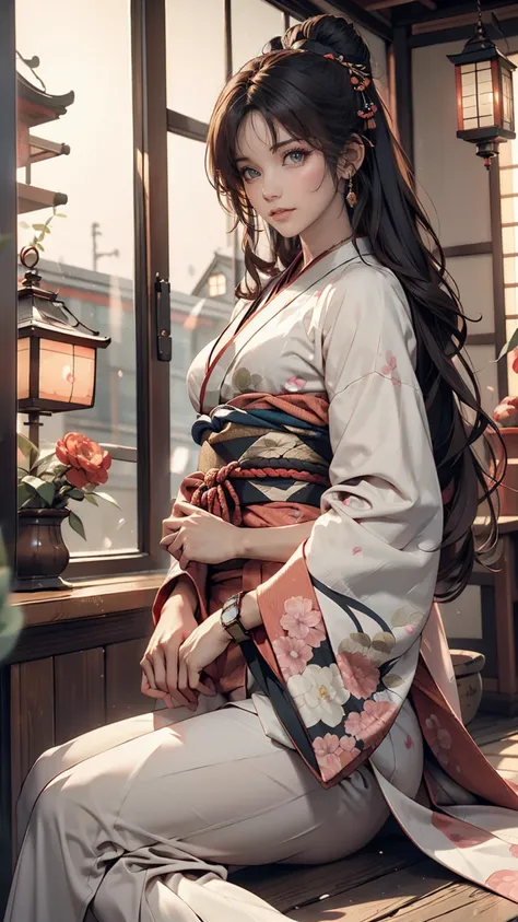 Realistic, alone, Beautiful Japanese Woman, Traditional Kimono, Natural appearance, A kind smile, Impressive Gaze, Traditional hairstyle, Japanese-style room at dusk, Sit by the window, Illuminated by the city lights, (Attractive pose), Professional Photog...