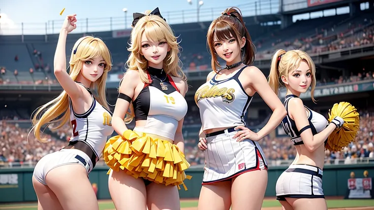 Beautiful cheerleaders playing baseball at Osaka Castle。Sexy smile、Blonde ponytail、Hanshin Tigers uniform,Beautiful buttocks