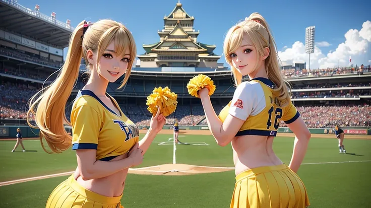 Beautiful cheerleaders playing baseball at Osaka Castle。Sexy smile、Blonde ponytail、Hanshin Tigers uniform,Beautiful buttocks