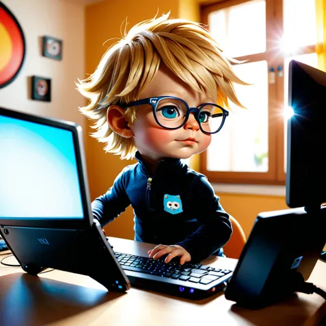 (style de film photo), gros plan, portant des lunettes de soleil regardant un ordinateur portable, animation scene, anthropomorphe, cute little baby boy blond hair, , dans sa chambre, étudier, 2D, coloré, Ambiance chaleureuse, brillant, Jean-Baptiste Monge...