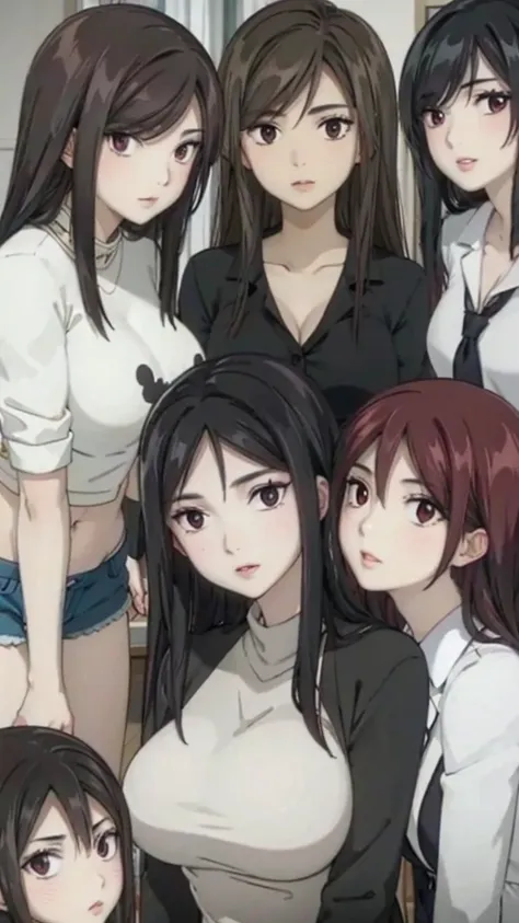 Mommy with 4 daughters,black hair, long hair, messy hair, hair between eyes, chubby cheek,Sexy lips, pucker lips