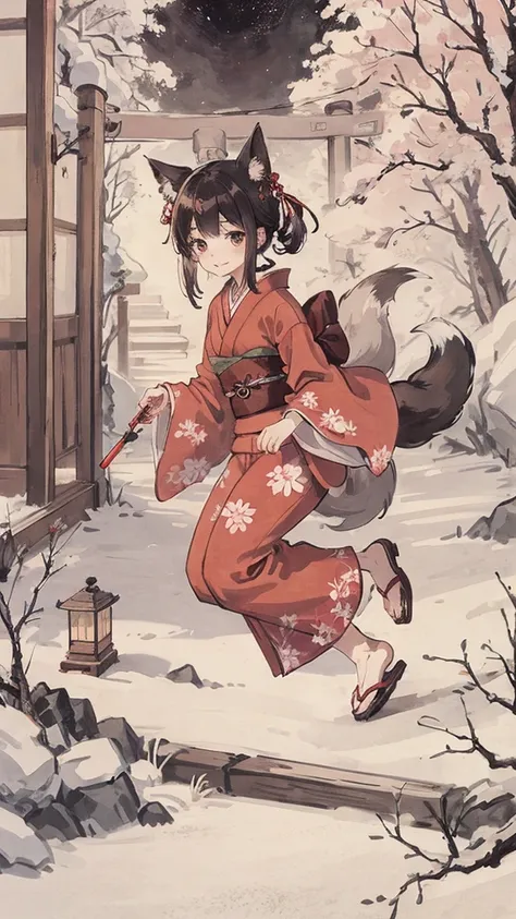 night、nightの神社、Japanese style、Red kimono、Fox-eared girl