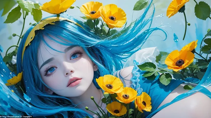 32k, Masterpiece, Highest quality, One girl, Detailed eyes, flower,Iceland Poppy, Blue and yellow style,A dreamy, romantic piece,Pale yellow, Mysterious Leaves,A playful arrangement,Fantasy,High Contrast,Ink strokes,explosion,Exposure, Impression of blue a...