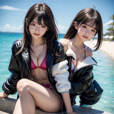 middle School girls，smile，Multiple girls，Beautiful girls，Horny girl，Best Quality，perfectionな女の子，Super cute girl，Swimwear，bikini，leather jacket，Ocean，fur jacket，Long Hair、She has her bangs down，Multi-colored hair，Ultra HD，Young girl，Sex，Naughty Girls，Blowjo...