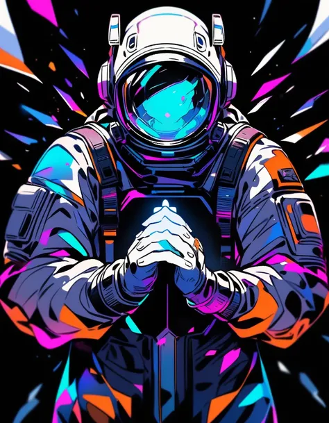 an astronaut, black background, front view, prayer with both hands, black and white image, neon color