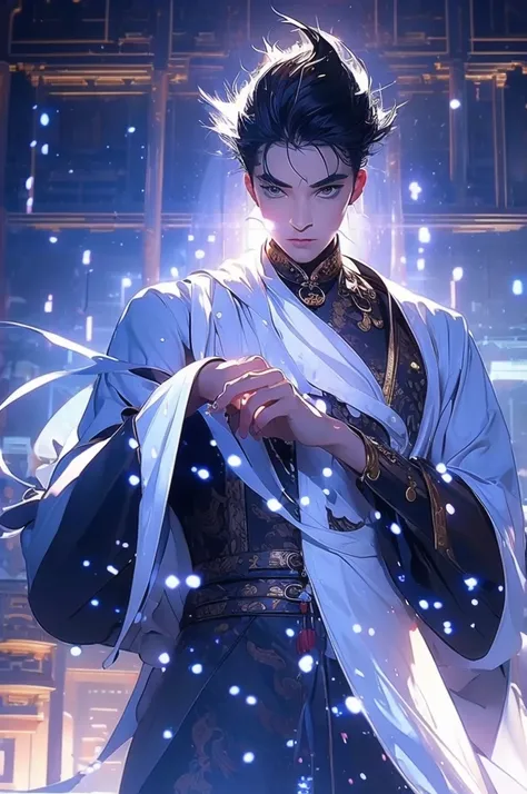 a man in a white robe, black hair, a sword in his left hand, young man, ponytail hair, ancient Chinese clothing, qi, a huge saber, ancient Chinese buildings in the background, night, powerful character, purple rays, a beautiful landscape. Detailed face, th...