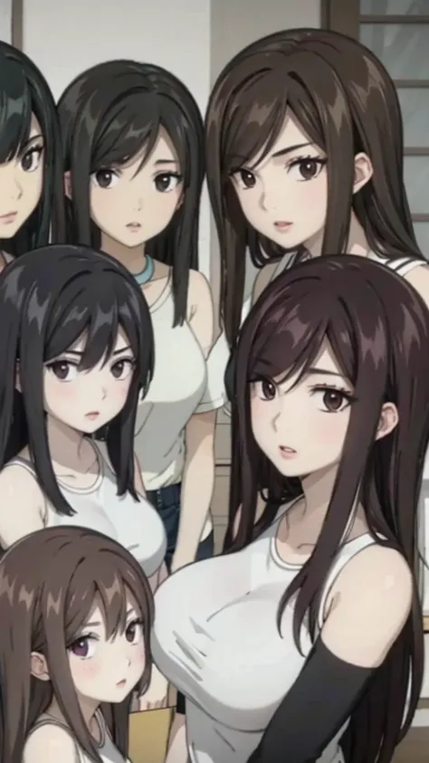 Mommy with 4 daughters,black hair, long hair, messy hair, hair between eyes, chubby cheek,Sexy lips, pucker lips