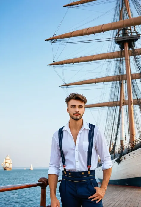 Young handsome sailor, stands on the pier against the backdrop of a large sailing ship, masterpiece,Best quality, man, Ship