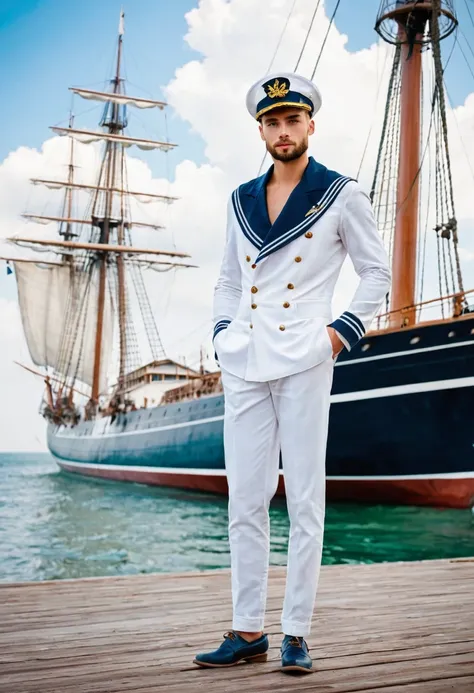 Young handsome sailor, stands on the pier against the backdrop of a large sailing ship, masterpiece,Best quality, man, Ship