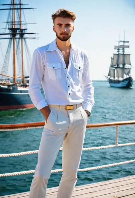 Young handsome sailor, stands on the pier against the backdrop of a large sailing ship, masterpiece,Best quality, man, Ship