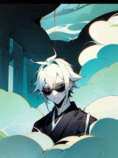 1male, black and white hair, sunglasses, black haori, forest