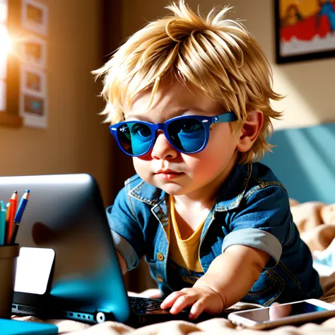 (style de film photo), gros plan, sunglasses Ray-ban,  regardant un ordinateur portable, animation scene, anthropomorphe, cute little baby boy blond hair, , dans sa chambre, étudier, 2D, coloré, Ambiance chaleureuse, brillant, Jean-Baptiste Monge style, À ...