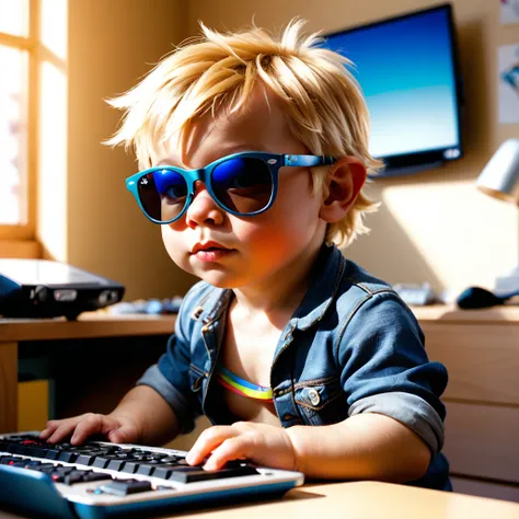 (style de film photo), gros plan, sunglasses Ray-ban,  regardant un ordinateur portable, animation scene, anthropomorphe, cute little baby boy blond hair, , dans sa chambre, étudier, 2D, coloré, Ambiance chaleureuse, brillant, Jean-Baptiste Monge style, À ...