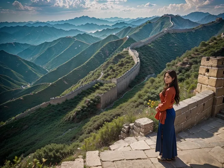 A dramatic, cinematic landscape of the Great Wall of China winding through a rugged, mountainous terrain, 1 girl in traditional Chinese clothing standing atop the wall, looking out over the vast expanse, (best quality,4k,8k,highres,masterpiece:1.2),ultra-d...