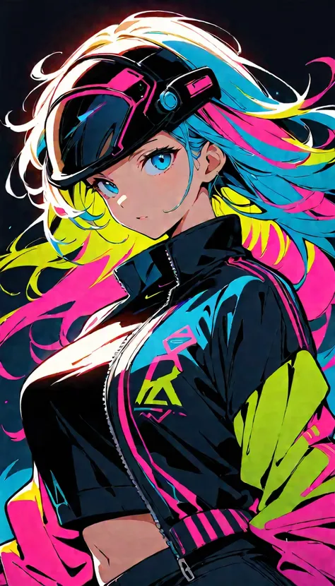 (high quality, 8K, 4k, high contrast, masterpiece:1.2, 最high quality, best aesthetics), (dynamic angle), ((1 female)), ((cyber punk)), ((flat color)), ((Colorful Art)),Helmet,riders jacket, looking at the viewer, Upper body, Colored Background, high contra...