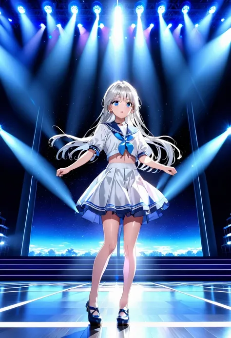 Idol Stage, Idol Dress, beautiful, Very detailed, masterpiece, Highest quality, Tyndall effect, light, Stage lighting, Long silver hair high school girl、Blue eyes、Sailor suit, on stage, look up, Light Scattering, Volumetric lighting, Spotlight, light, atmo...