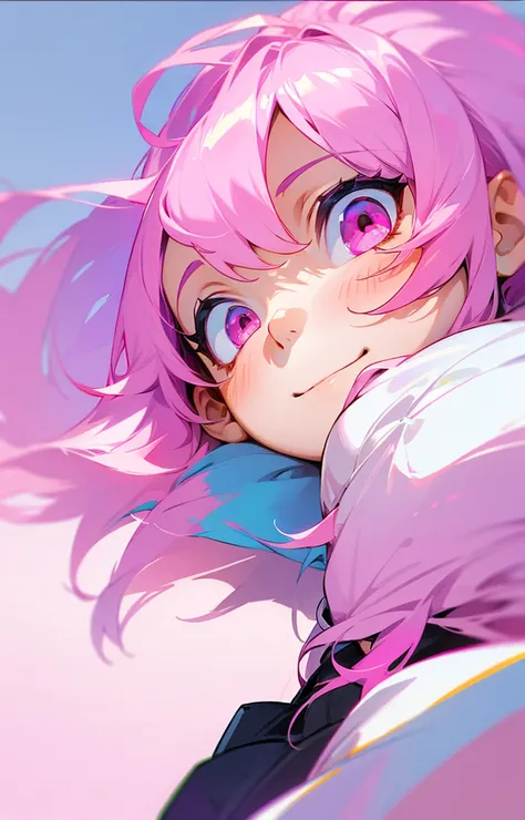 A BOY with big pink hair, with pink eyes, high resolution, with a shy face and a sweet smile