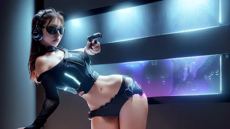 at night, dark sky, 1woman alone, solo, medium-breast:1.2 with cleavage, slim body, standing dynamic pose, (((((pointing short gun at viewer, black sunglasses, headphone))))), (((((half-body (thigh level) medium shot))))), photo realistic. In the backgroun...