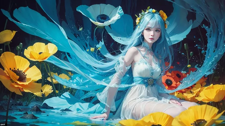 32k, Masterpiece, Highest quality, One girl, Detailed eyes, flower,Iceland Poppy, Blue and yellow style,A dreamy, romantic piece,Pale yellow, Mysterious Leaves,A playful arrangement,Fantasy,High Contrast,Ink strokes,explosion,Exposure, Impression of blue a...