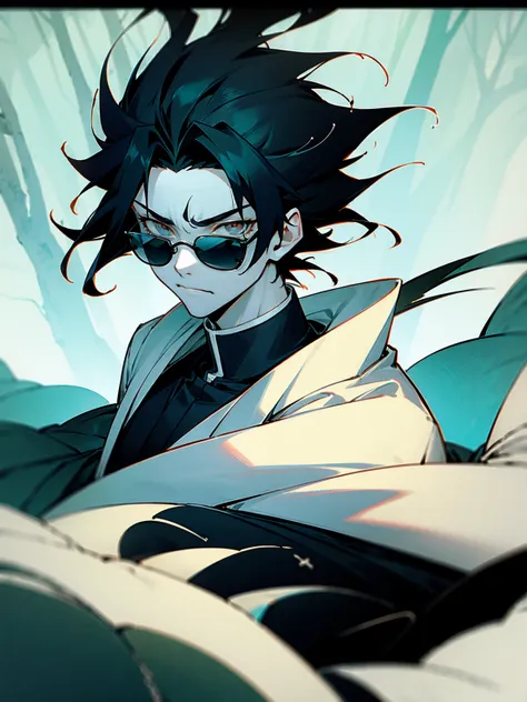 1male, black and white hair, sunglasses, black demon slayer haori, forest