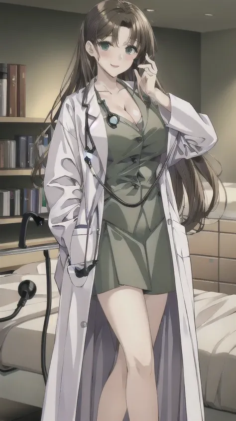 ((masterpiece, best quality, high quality)),1girl, (lower body, hospital), (doctor_uniform, labcoat, stethoscope, doctor),Large Breasts，cleavage，lipstick，Smile，lipstick，Green eyes