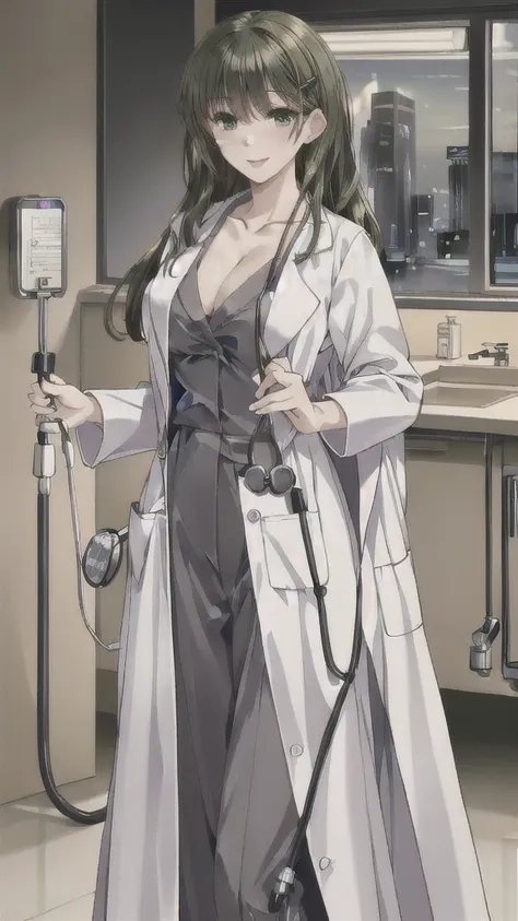 ((masterpiece, best quality, high quality)),1girl, (lower body, hospital), (doctor_uniform, labcoat, stethoscope, doctor),Large Breasts，cleavage，lipstick，Smile，lipstick，Green eyes