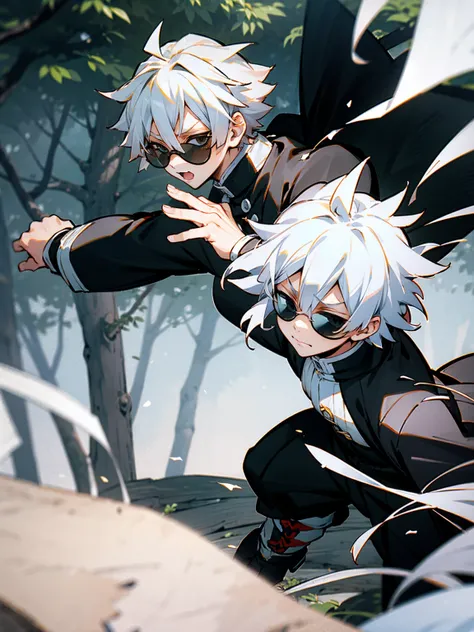 1male, black and white hair, sunglasses, black demon slayer haori, forest