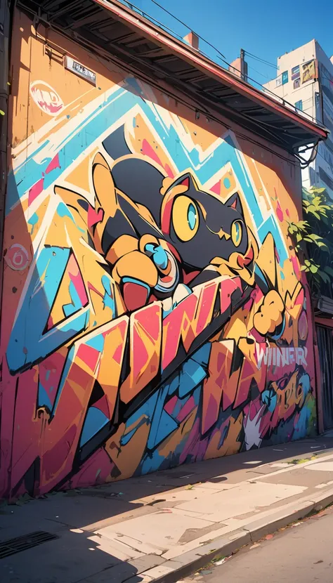 Graffiti style anime style, adventurer cat, dense jungle, holding a machete . Street art, vibrant, urban, detailed, tag, mural, high quality photography, 3 point lighting, flash with softbox, 4k, Canon EOS R3, hdr, smooth, sharp focus, high resolution, awa...