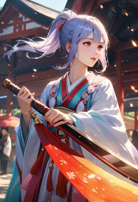 Shrine grounds, Clear sky with white clouds, Shrine maiden, Blur the background,young woman,ponytail,Holding a Japanese sword upright,Glitter effect,Highest quality, 8K, High resolution, masterpiece:1.2, Very detailed, Realistic:1.37, High resolution, 超Hig...