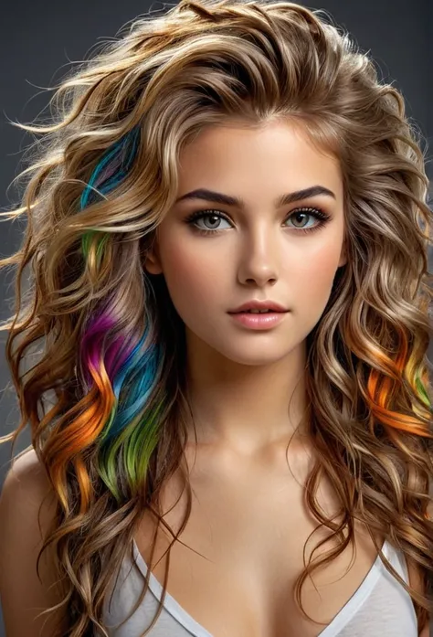 Very attractive 25 year old female, breathtaking (masterpiece:1.1),(highest quality:1.1),(HDR:1),girl with really wild hair,mane,multicolored hairlighting,(from front:0.6),, award-winning, professional, highly detailed