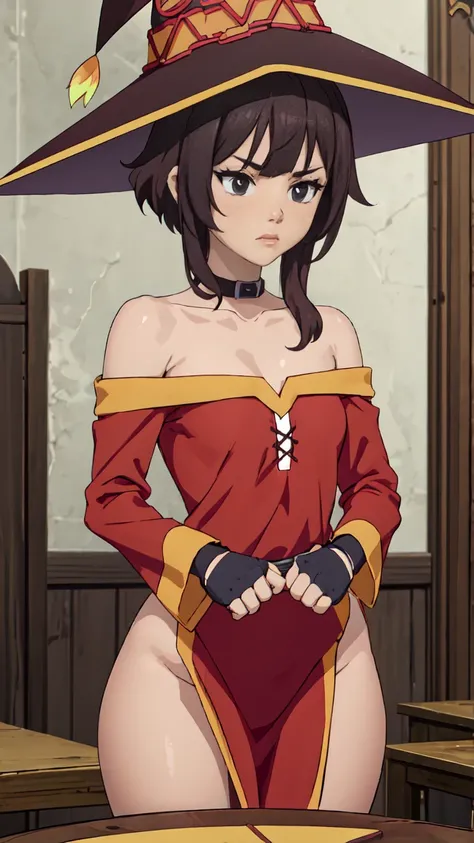 Artgerm, table, Best quality, extremely detailed, table, Best quality, Megumin, 1 girl in, bare shoulders, beautiful buttocks, стоит опершись о table, nude, very sexy, Black e.g, black gloves, black hair, e.g, necklace, clavicle, dress, hair between eyes, ...