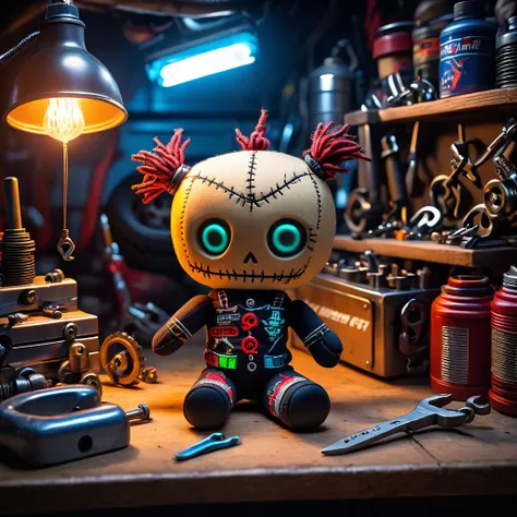 (knitted toy voodoo doll:1.7), (Voodoo in an Auto Repair Shop:1.3), (Clothing: mechanic uniform with glowing wrench patterns:1.0), (Accessories: enchanted toolkit emitting sparks of repair magic, levitating spectral car parts:1.1), (background: busy auto s...