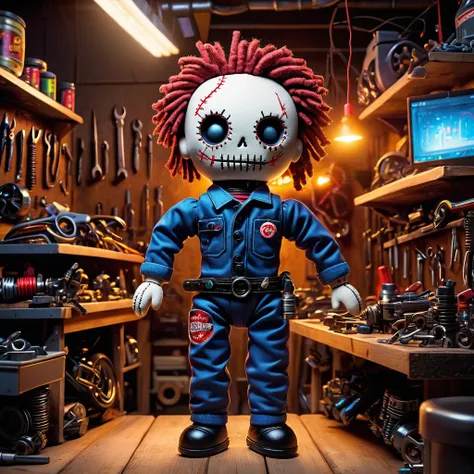 (knitted toy voodoo doll:1.7), (Voodoo in an Auto Repair Shop:1.3), (Clothing: mechanic uniform with glowing wrench patterns:1.0), (Accessories: enchanted toolkit emitting sparks of repair magic, levitating spectral car parts:1.1), (background: busy auto s...