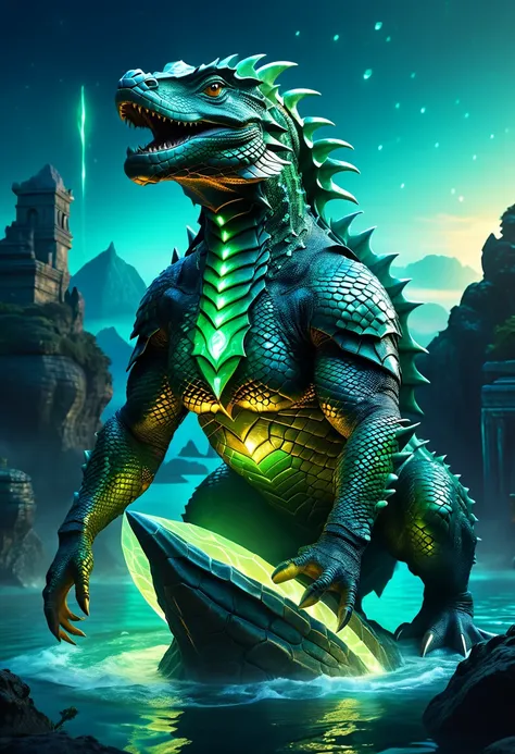 a medium prompt of atlantean reptilian warriors,hedra, emerges as a luminary, mythical creatures, ancient civilization, glowing,...