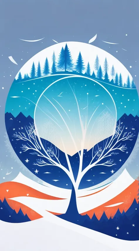 a spruice tree in a winter landscape, tshirt design, rzminjourney, vector-art