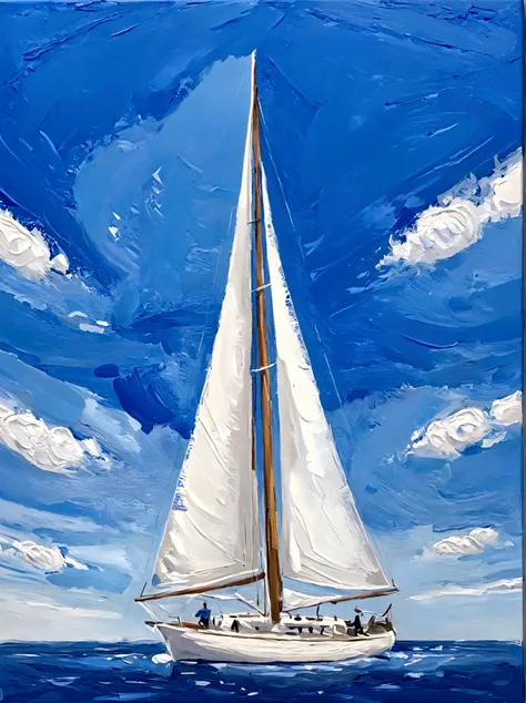 sailboat，Perfect proportion，Sea surface，Blue sky，bright，White background，real，emotion，Thick textured paint, 