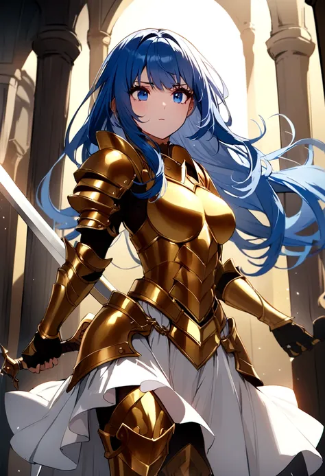 Warrior Girl, Long blue hair, golden torso sleevless armor, long gold boots, white skirt, with a short Sword