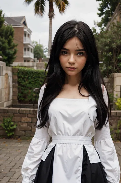 Blythe doll with long black hair and wearing a white dress 