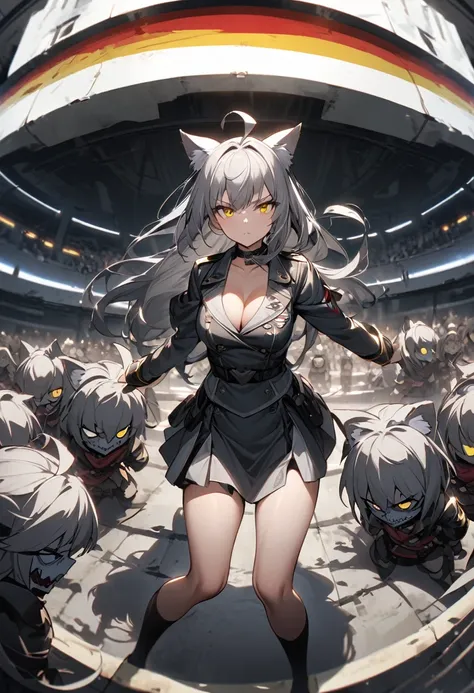 Dark room、Dynamic Angles、Raising the German flag、Suspicious Gathering、Surrounded by enemieasterpiece, best quality:1.2), 1girl, 独奏、Gray cat ears、Grey long hair、Ahoge、Yellow Eyes、Gray cat ears、Background of military bases、Fisheye Lens、battlefield、Shadows of...