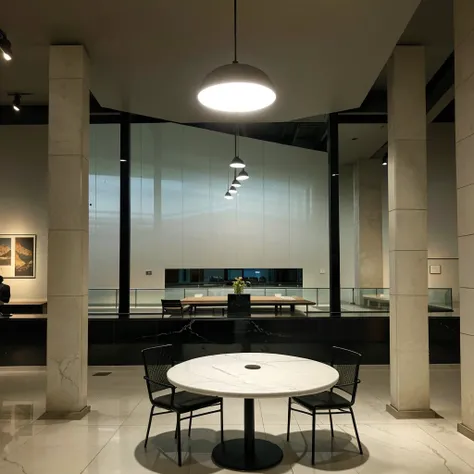 The interior is a modern restaurant with a round flat table in the middle. There is a five-page screen on the left rear of the table. There are no stools, no people, no windows. The interior lights are museum lights, the marble floor, and there is a carp s...