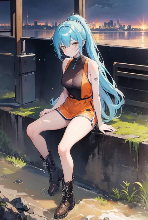 (best quality, 8K, high resolution, masterpiece:1.2), Extremely detailed, Smooth rendering, Precise composition, triangular composition, Light blue double ponytail, Yellow eyes, White skin, 16 year old western anime style girl, Wearing a cyberpunk orange v...