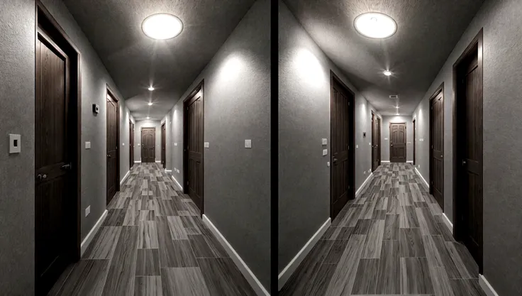 a gray hallway that has two exits. one exit gives a bright light and the other exit gives a darker reddish light.