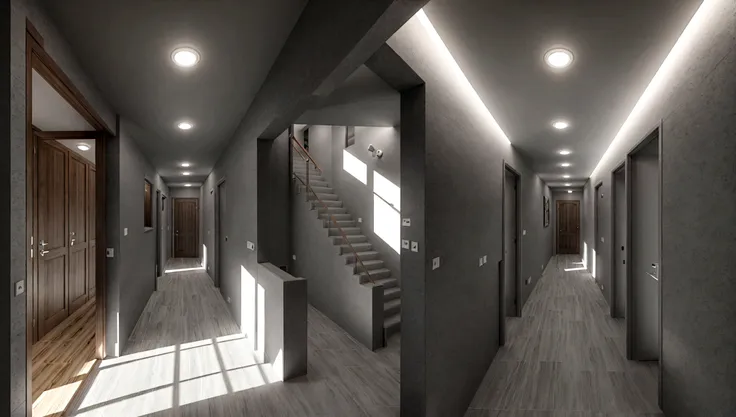 a gray hallway that has two exits. one exit gives a bright light and the other exit gives a darker reddish light.