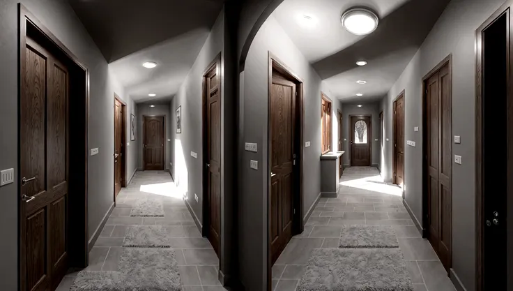 a gray hallway that has two exits. one exit gives a bright light and the other exit gives a darker reddish light.