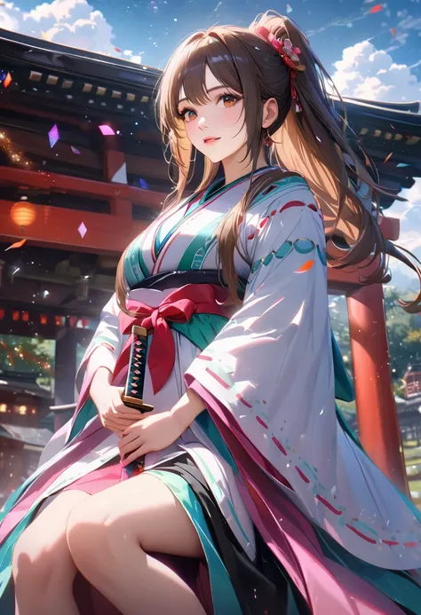 Shrine grounds, Clear sky with white clouds, Shrine maiden, Blur the background,young woman,ponytail,Holding a Japanese sword in an upright position,Glitter effect,Highest quality, 8K, High resolution, masterpiece:1.2, Very detailed, Realistic:1.37, High r...