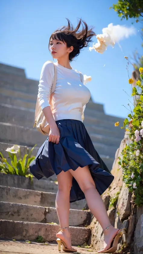 ((Viewing angle from below:1.52、Highest quality、masterpiece、32k、Every detail))、(((A strong wind blows up her hair and skirt:1.62)))、Descend the outdoor stairs、commute、whole body、Traditional navy blue sailor uniform、Outgrown white blouse、(((Mini Pleated Ski...