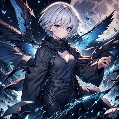 ((((grim reaper　inflammation))))　(((gray hair　short hair　blue eyes　female　close-up)))，((night　full moon　my own big wings))，(wear...