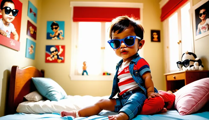 (style de film photo), cute little baby boy , sunglasses ray-ban, in her bedroom, study, 2d, colored, Ambiance chaleureuse, Glittering, Jean-Baptiste Monge style, in the way of&#39;Alan Lee