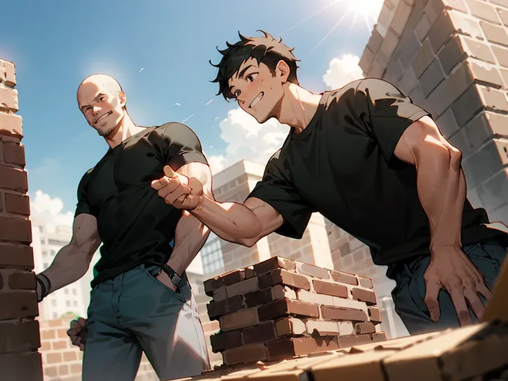 age 30s,Angle from below,Cabedon,upscaled,grinning evily,1 man, Short black hair,Uncle,macho, Black shirt, standing in the sun, , I have a brick in my hand, Sweat,constructionyardai