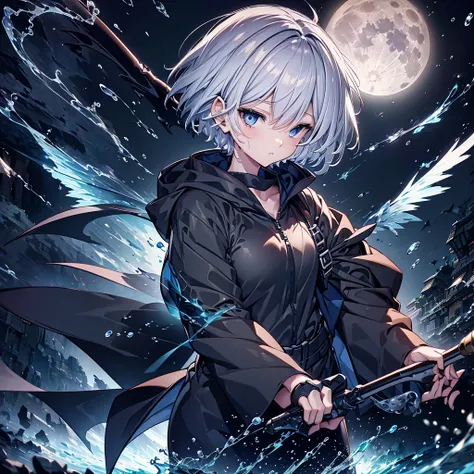 ((((grim Reaper　inflammation))))　(((Gray Hair　Short Hair　blue eyes　female　Close-up)))，((night　full moon　My own big wings))，(Wearing a hood　Black camisole　Purple light)，　A tense look　Shining Background　Shining Edge